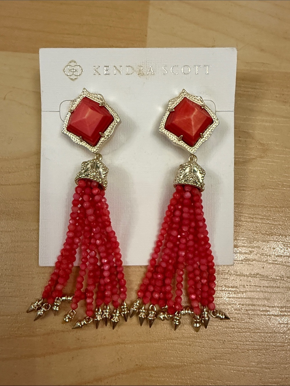 Kendra Scott Red & Gold Misha Beaded Tassel Fringe Statement Earrings NWT